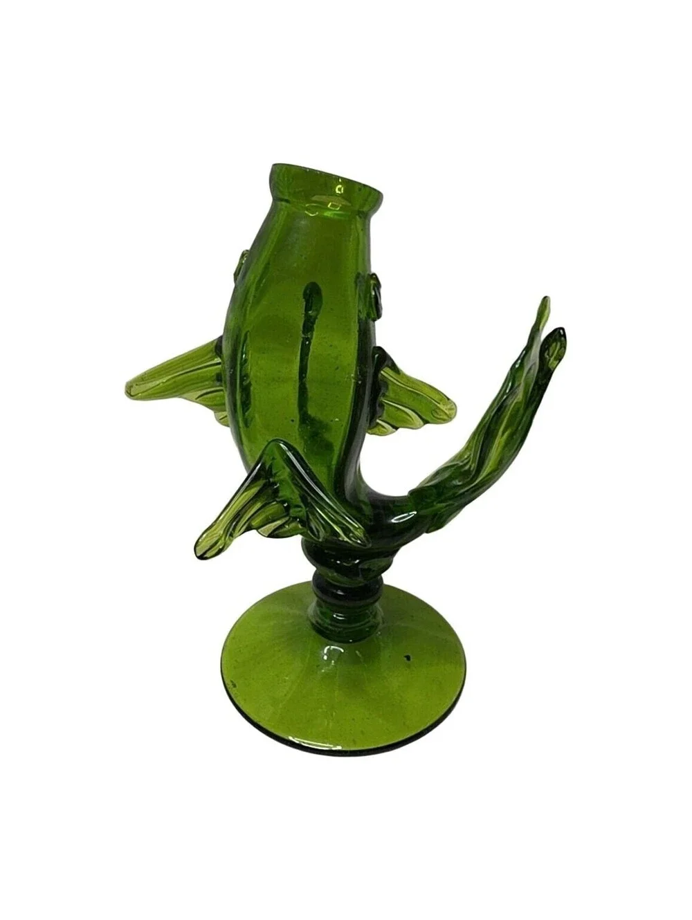 Vintage Empoli Glass Itay MCM Green Glass Fish Vase On Pedestal Hand Blown